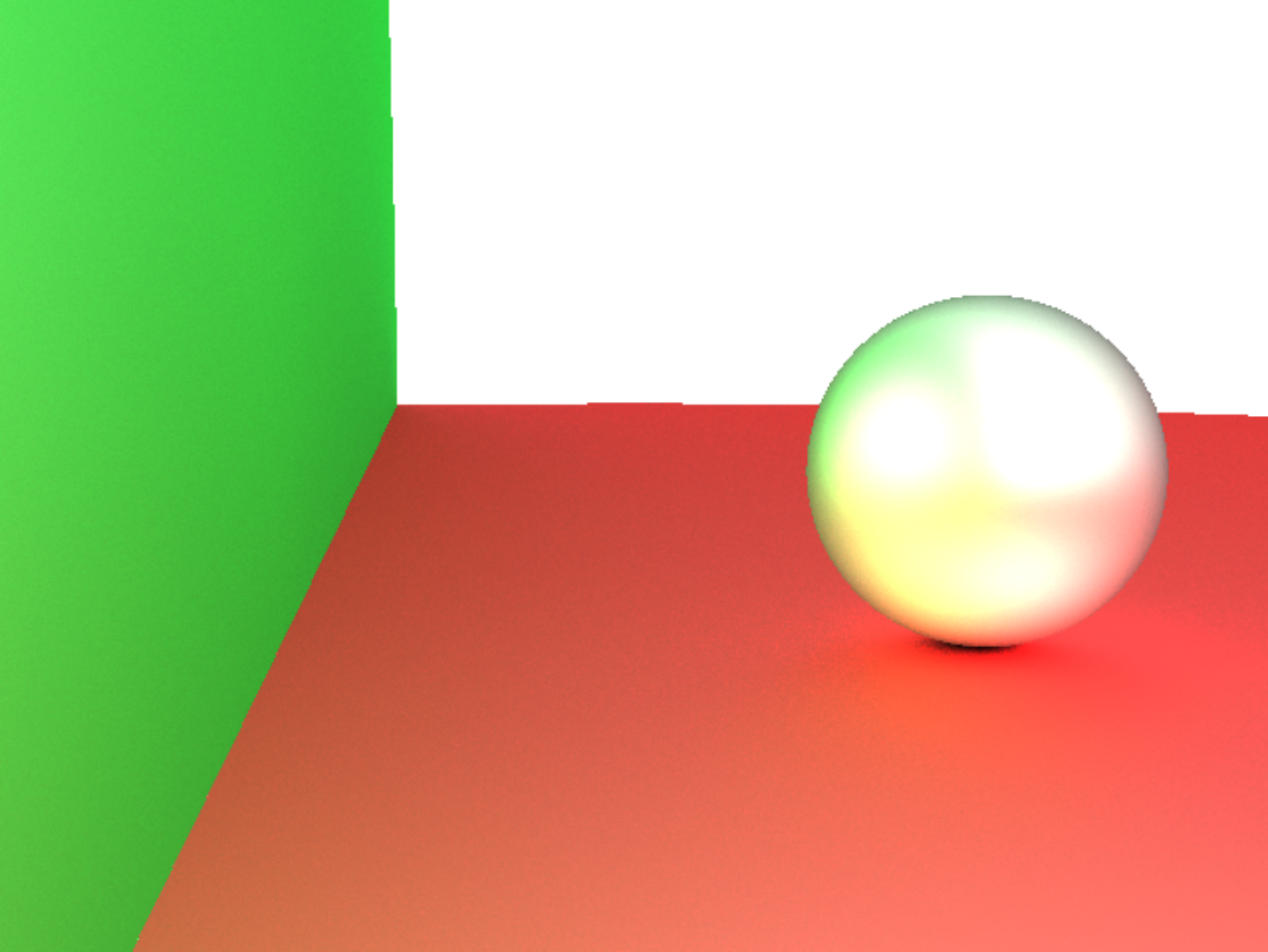 Reflective sphere along red floor and green wall.