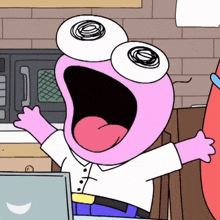 Smiling Friends character Pim screaming at laptop.
